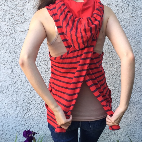 Tommy Hilfiger Sport Red Navy Blue Striped Pullover Sleeveless Hoodie Chic Euro - Picture 5 of 6